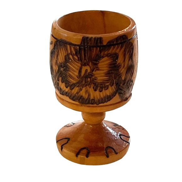 Vintage Wood Pedestal Cups Egg Cup or Tiki Bar Shot Glass Hand Turned Pyrography - Picture 3 of 7